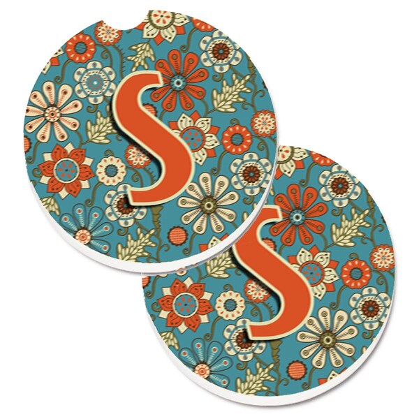 Carolines Treasures Letter S Flowers Retro Blue Set of 2 Cup Holder Car Coaster CJ2012-SCARC - main
